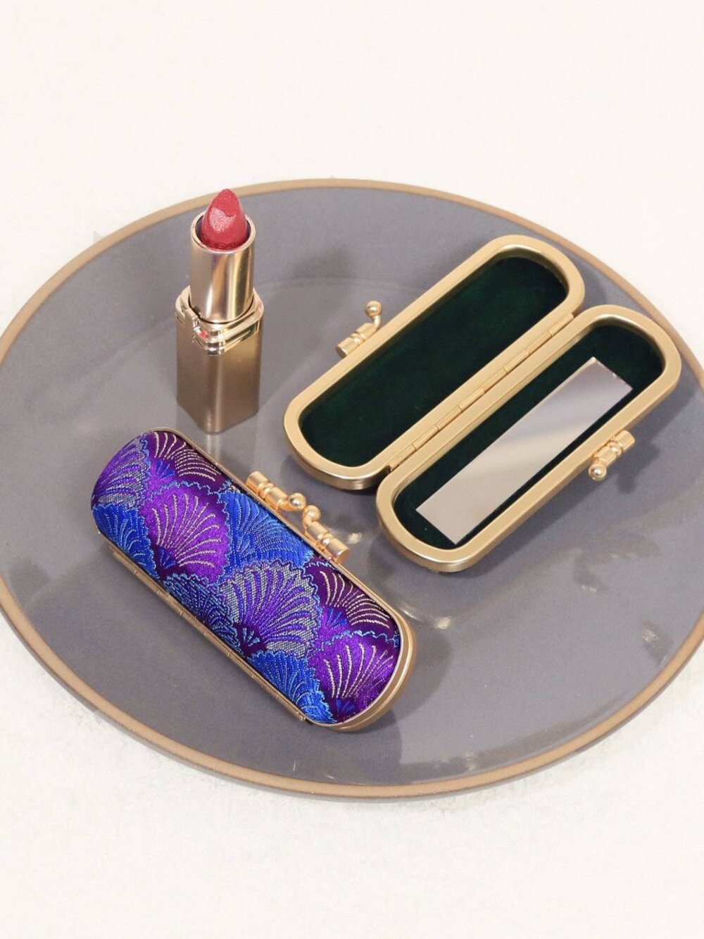 Seashell Brocade Lipstick Holder with Mirror | Purple & Blue